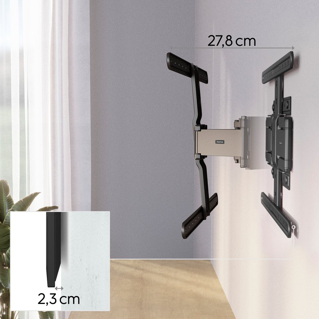 Schwenkbare Wandhalterung für Fernseher, 27,8 cm ausziehbar, 2,3 cm Wandabstand.