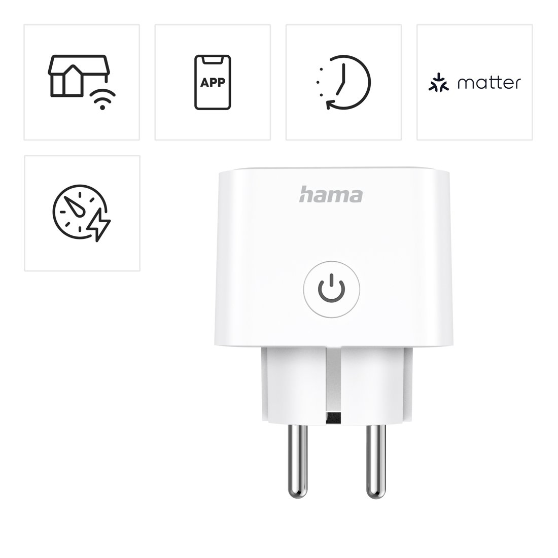 Biała wtyczka Hama smart z ikoną zasilania i ikonami aplikacji, czasu i Matter.