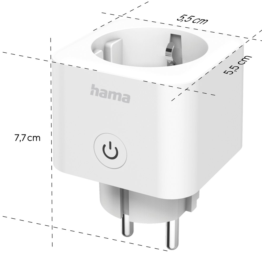 Biała wtyczka Hama smart z ikoną zasilania i wymiarami.