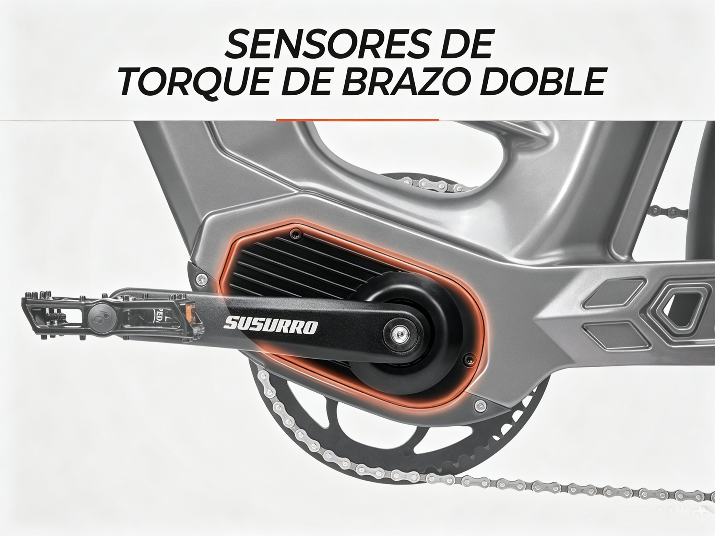 Carcasa de biela de bicicleta gris con contorno naranja, cadena y pedal.