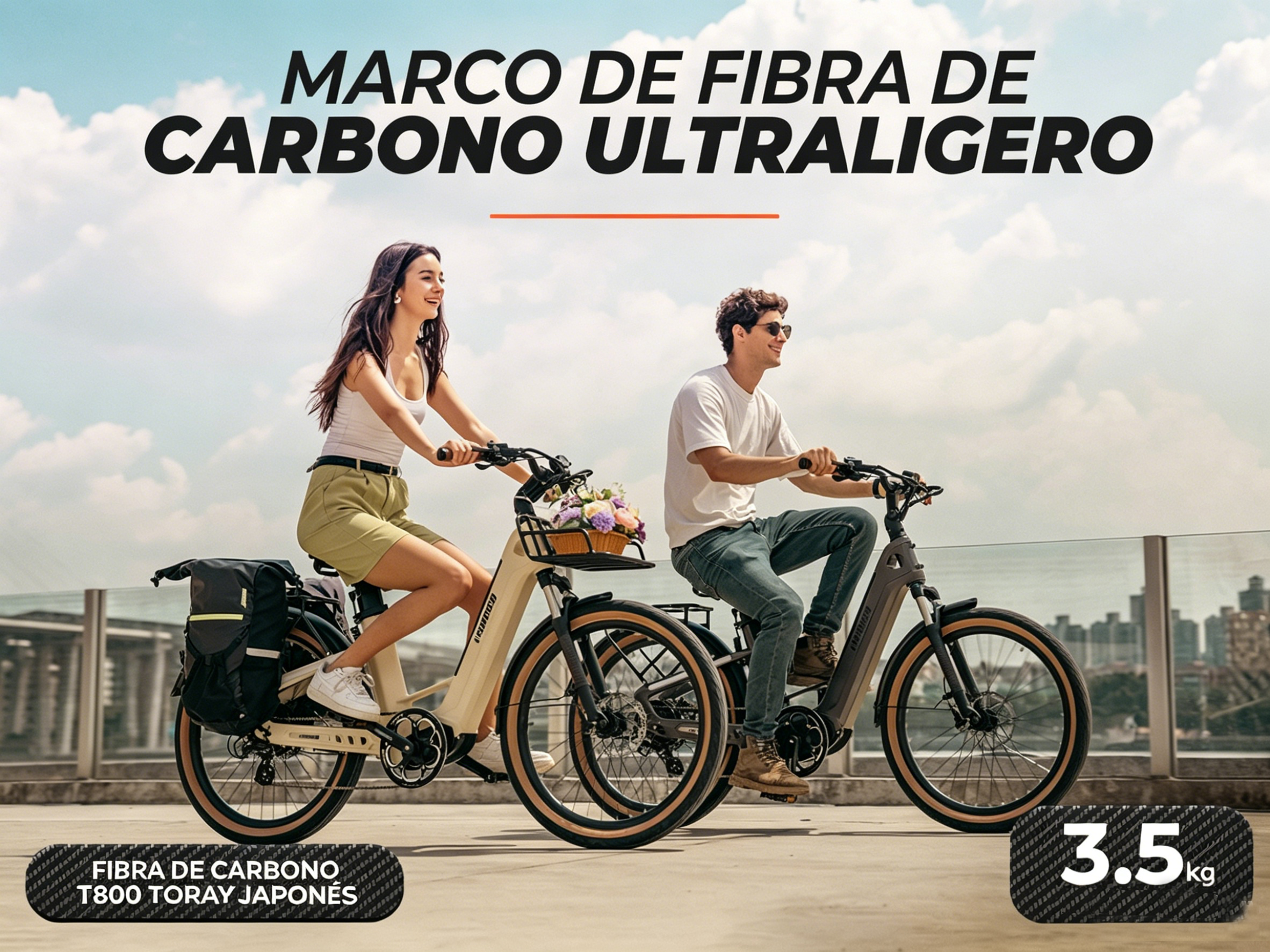 Un hombre y una mujer montan bicicletas eléctricas, el cielo es azul con nubes.