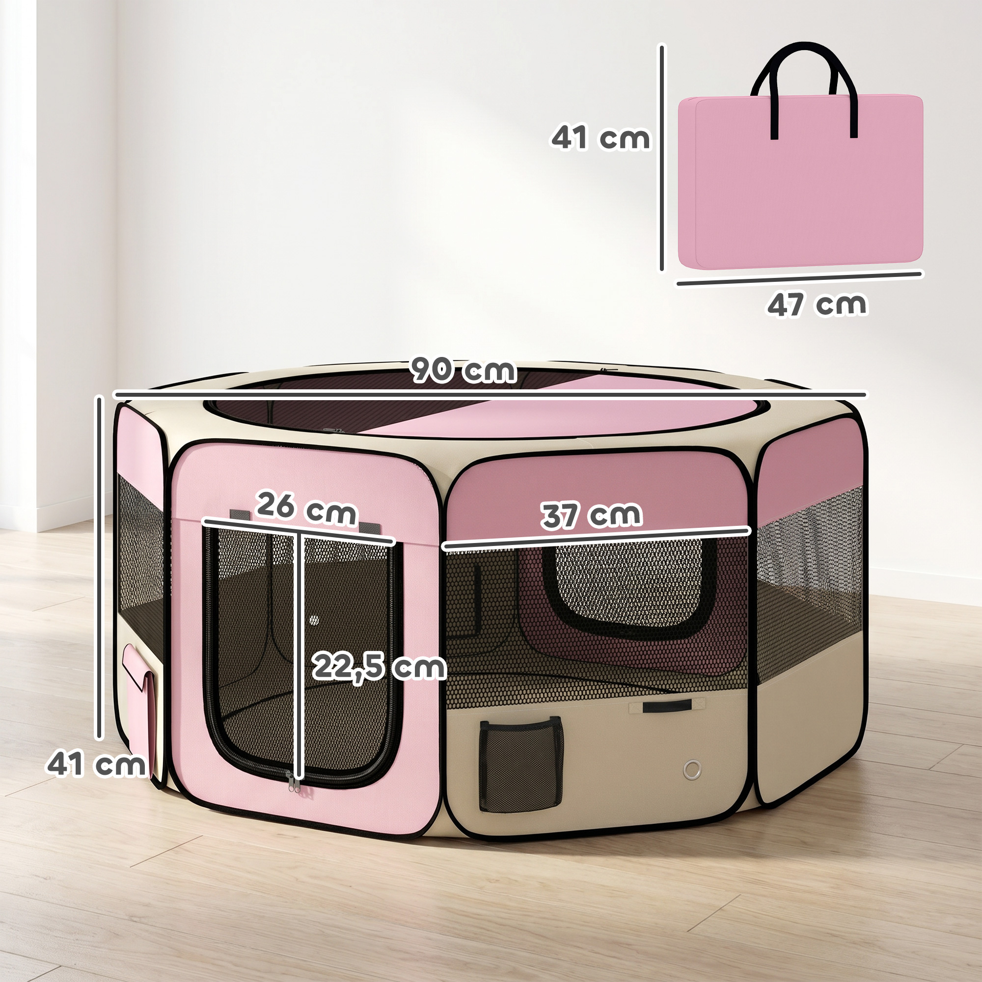 Un corralito plegable en rosa y beige con dimensiones en el suelo.