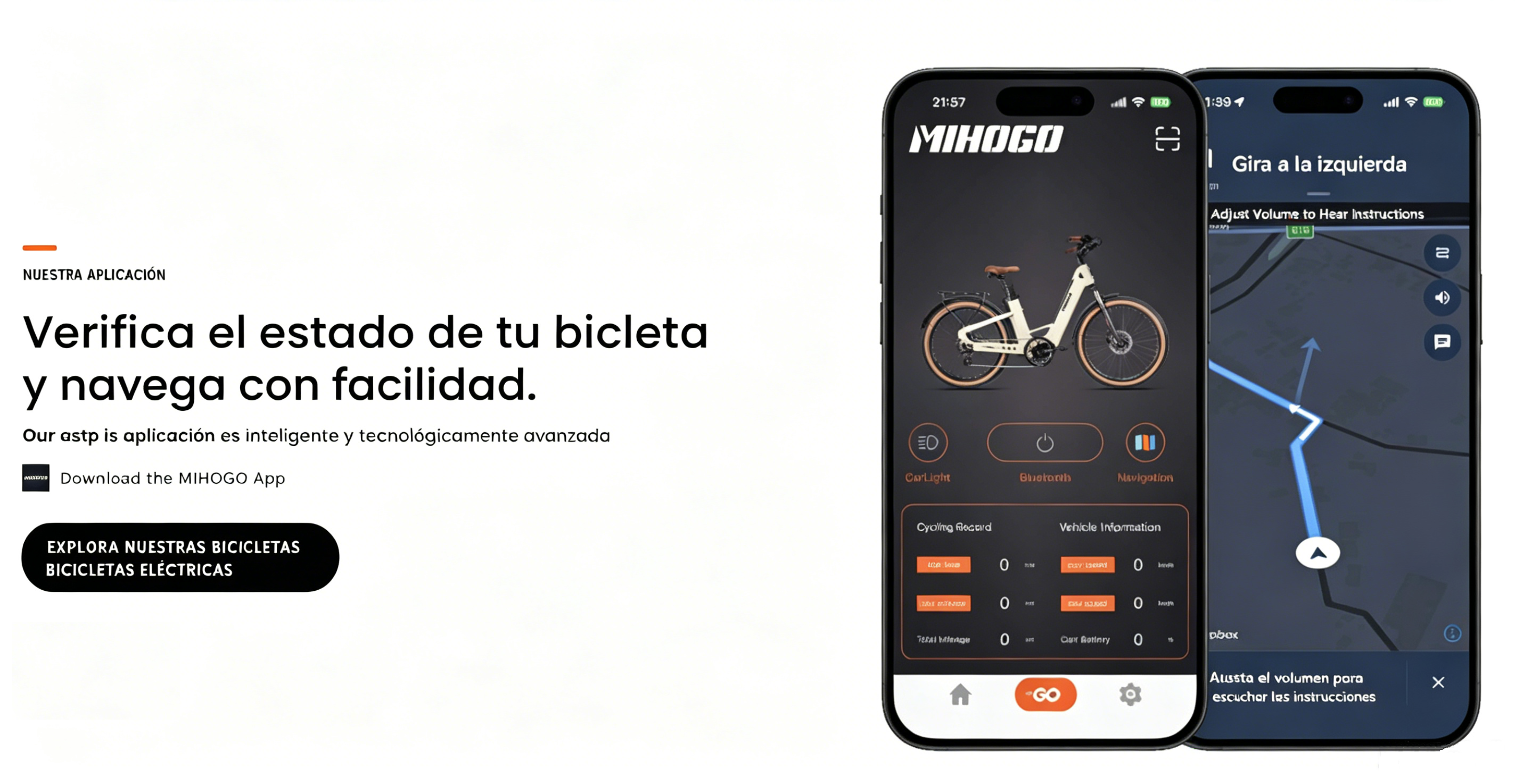 Capturas de pantalla de dos teléfonos que muestran una aplicación de bicicleta eléctrica con mapas y datos de la bicicleta.
