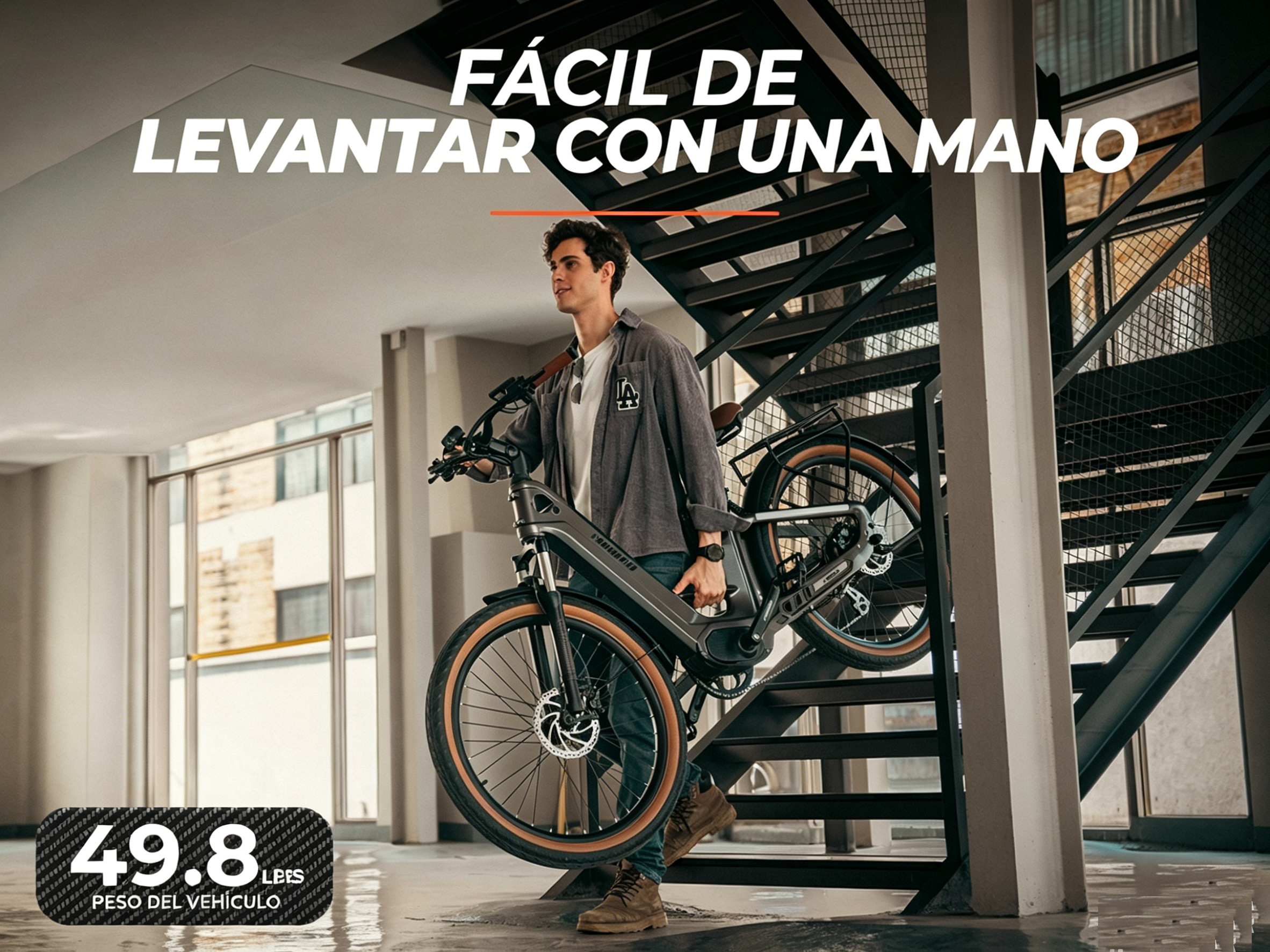 Hombre subiendo una e-bike por las escaleras. Peso: 49,8 lbs.