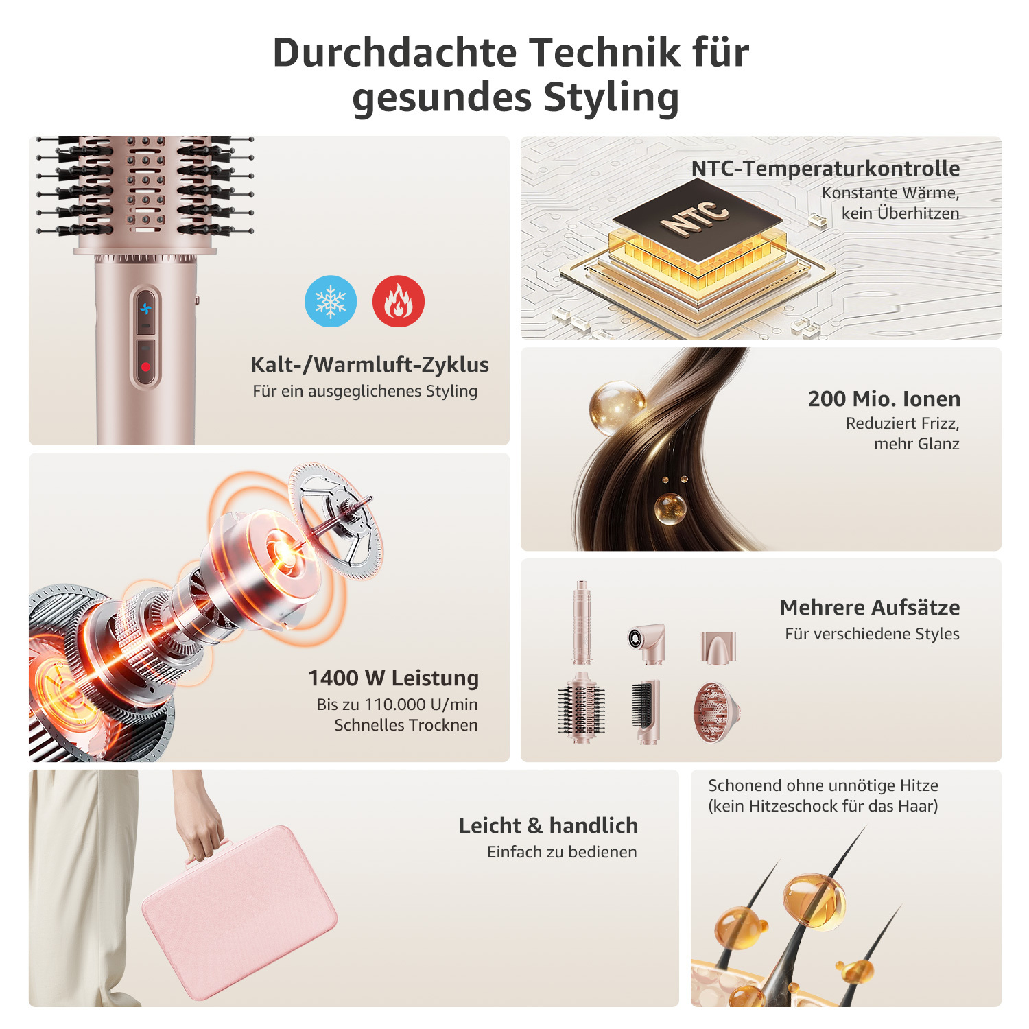 Ein Roségold-Haartrockner mit Zubehör und Funktionen wie NTC-Kontrolle, Ionen und Leistung.