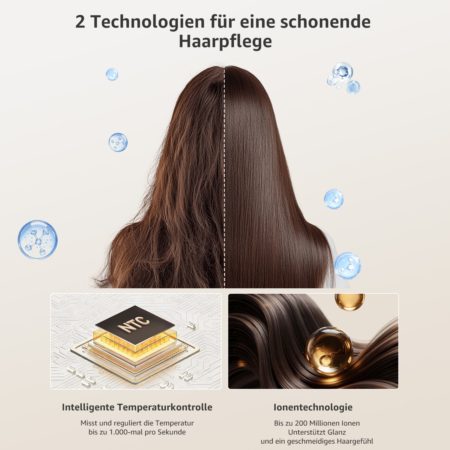 Zwei Technologien für schonende Haarpflege: Intelligente Temperaturkontrolle und Ionentechnologie.