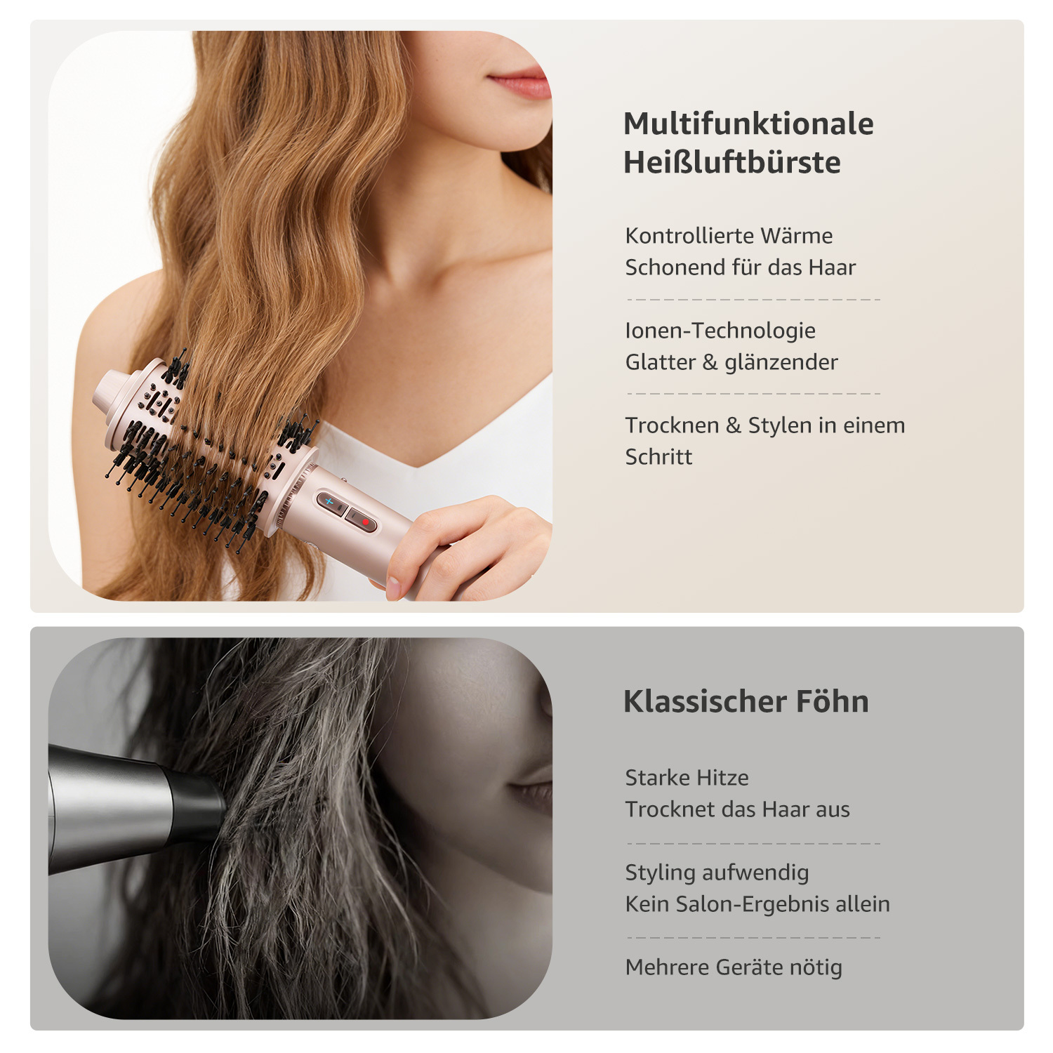 Eine Frau stylt ihr Haar mit einer roségoldenen Heißluftbürste und einem Föhn.