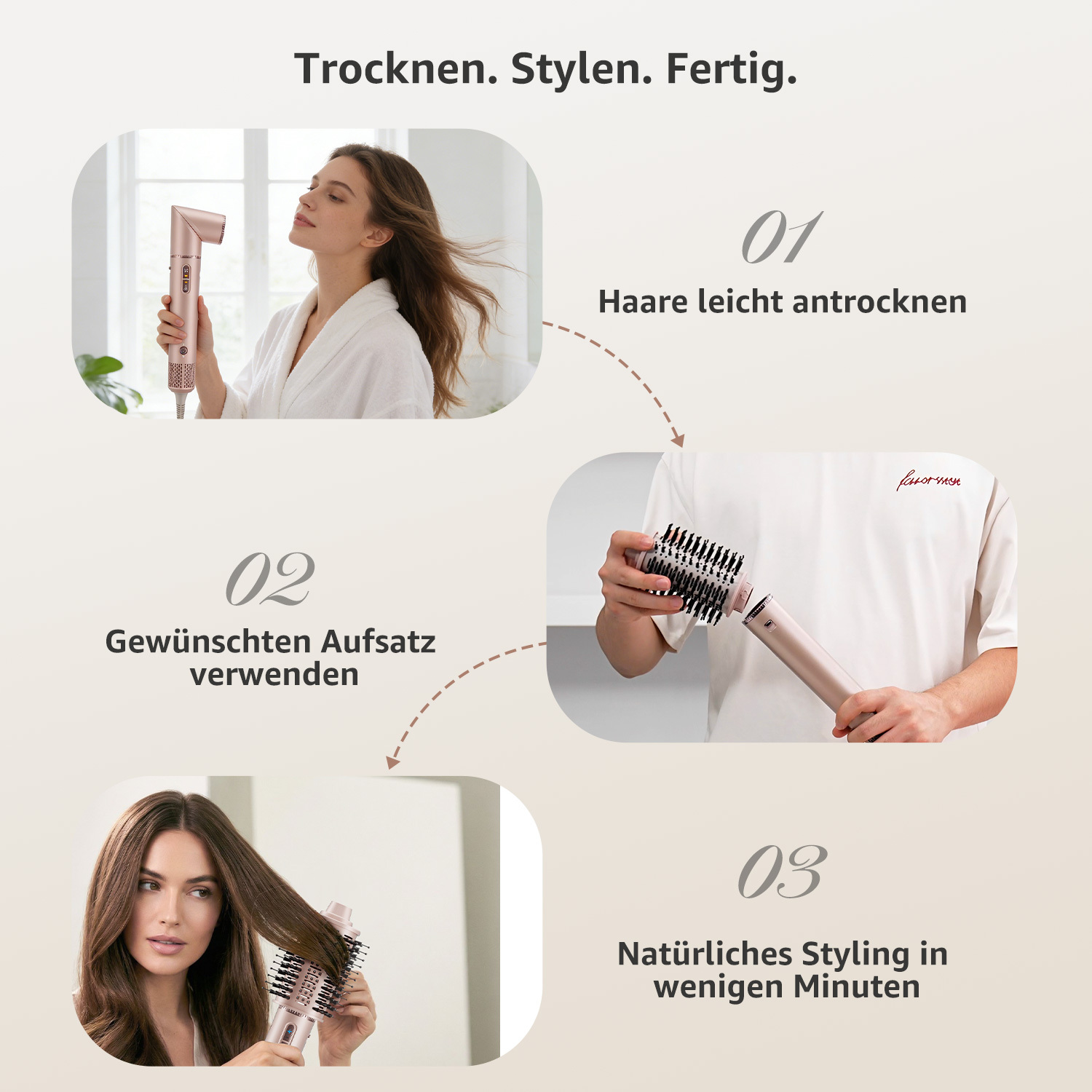 Schritt-für-Schritt-Anleitung: Haare trocknen, Aufsatz wechseln, stylen.