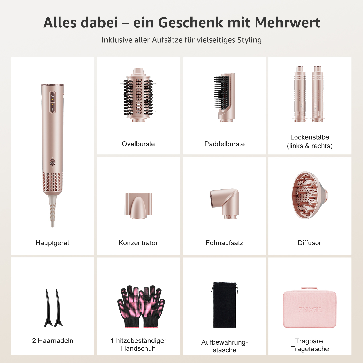 Ein rosa Haartrockner-Set mit vielen Aufsätzen: Hauptgerät, Bürsten, Lockenstäbe, Diffusor, Tasche.
