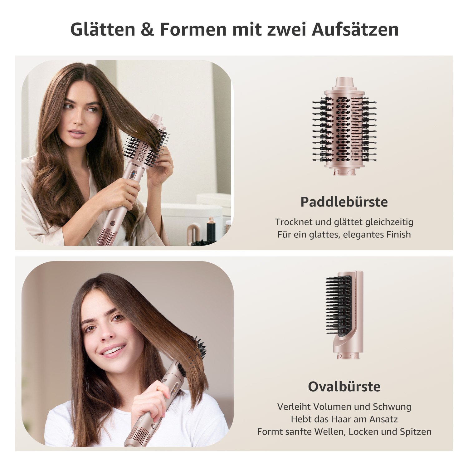 Frau stylt ihr Haar mit Rundbürste und Ovalbürste.