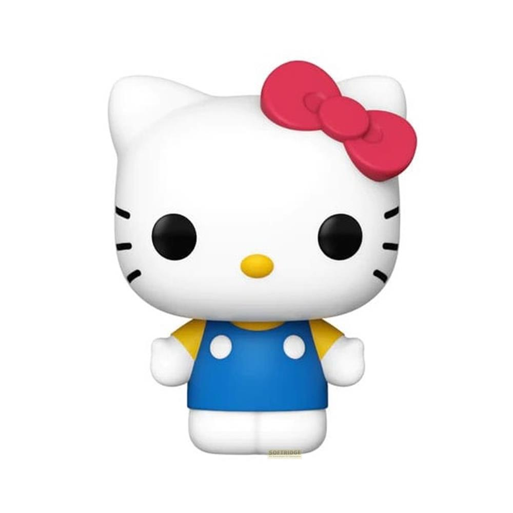 Una figura bianca di Hello Kitty con fiocco rosso, maglietta gialla e salopette blu.