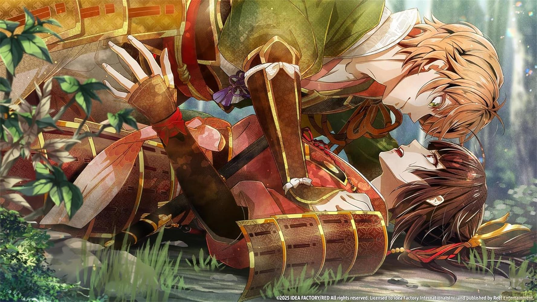 Zwei Anime-Charaktere in Rüstung liegen sich in einem Wald gegenüber.