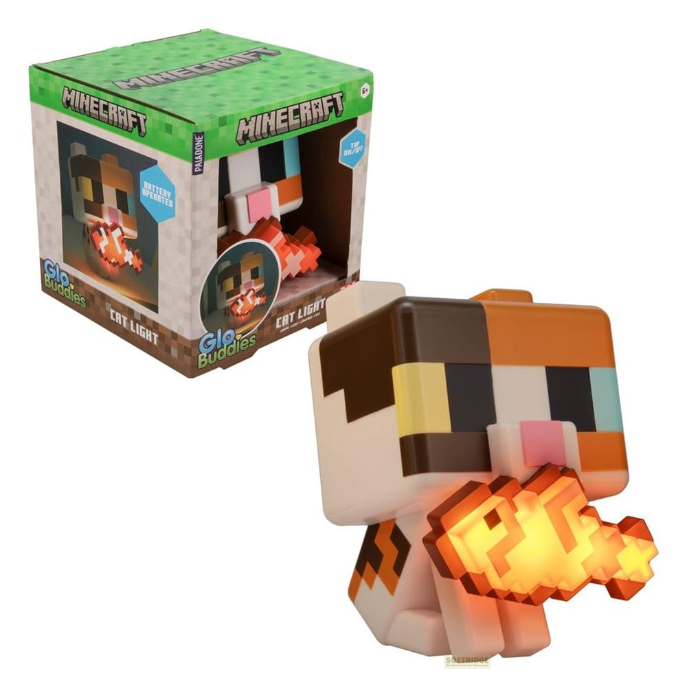 Pikselowe światło kota z Minecrafta z plastiku, trzymające świecącą rybę.