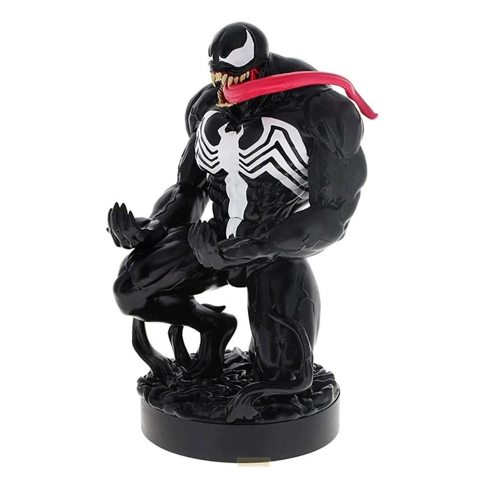 Una figura nera di Venom con simbolo ragno bianco, lingua rossa e denti aguzzi.