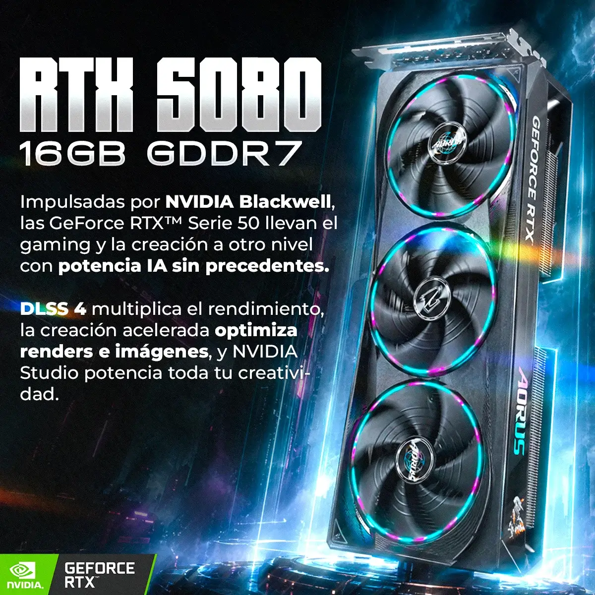 Scheda grafica RTX 5080 da 16 GB GDDR7 con ventole e illuminazione RGB.