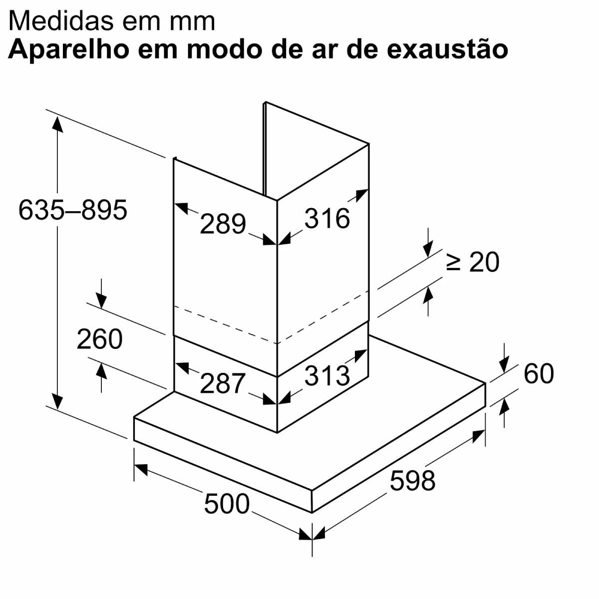 Disegno tecnico di un apparecchio di aspirazione con dimensioni in mm. Altezza 635-895.
