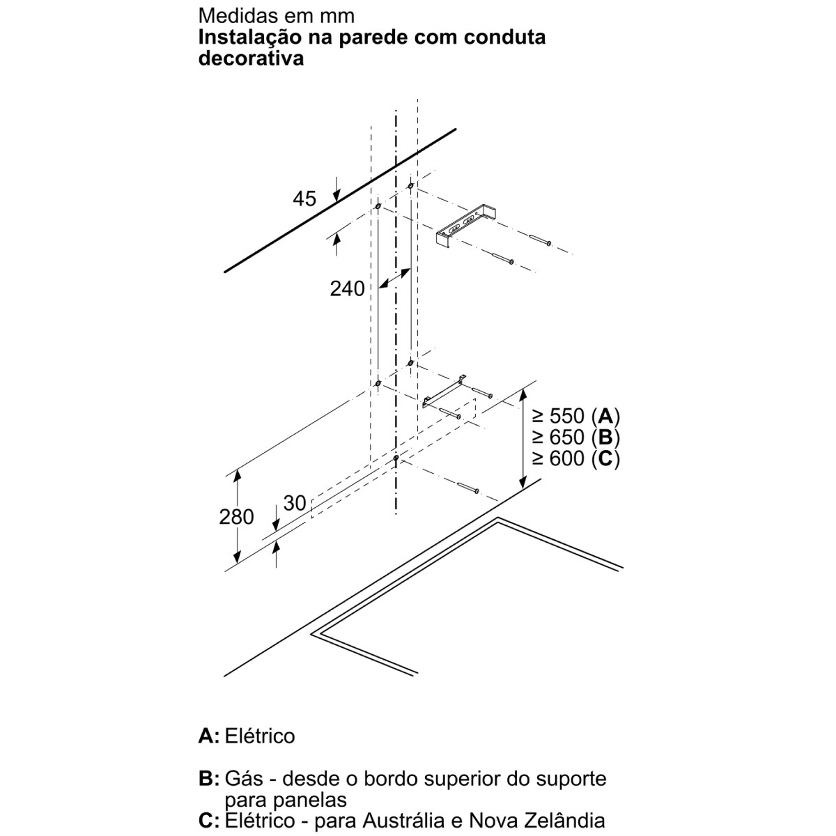 Disegno tecnico con dimensioni per installazione a parete con canalina decorativa.