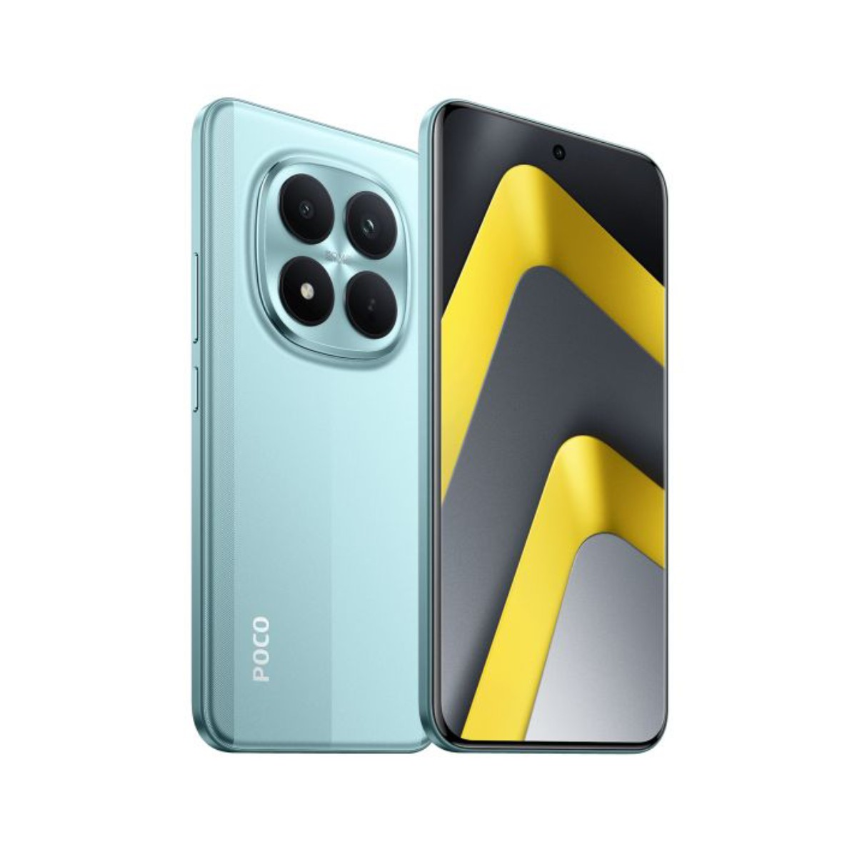 Uno smartphone POCO azzurro con fotocamera quadrupla sul retro e sfondo astratto giallo e grigio sullo schermo.