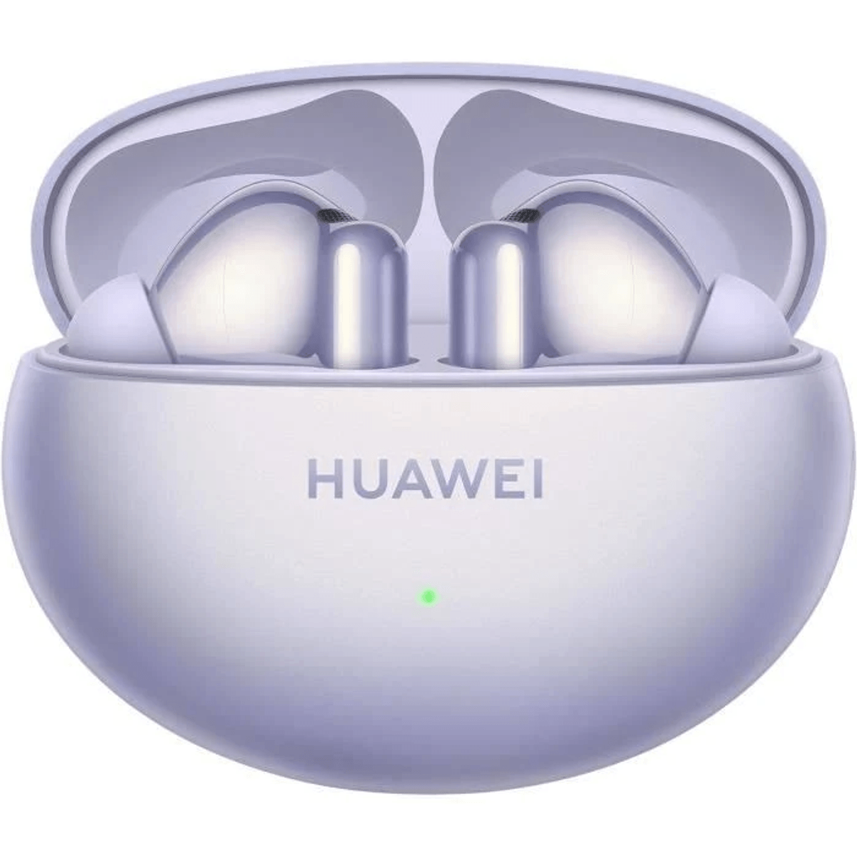 Un estuche de audífonos Huawei morado con dos audífonos blancos dentro.