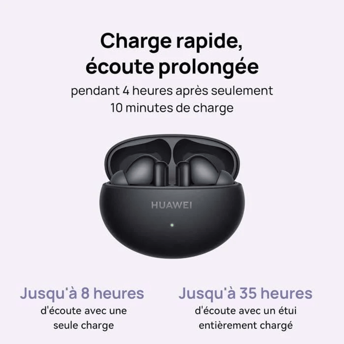 Auriculares Huawei negros en estuche de carga. Carga rápida para escucha prolongada.