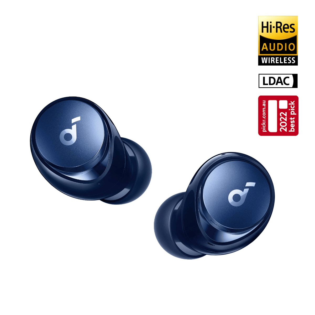 Due auricolari wireless blu navy con logo argento su sfondo bianco.