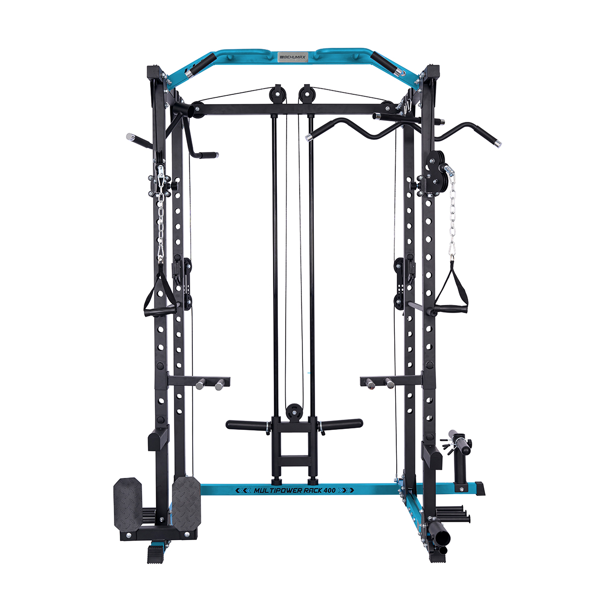 Máquina de entrenamiento de pesas multifuncional negra y azul con polea.