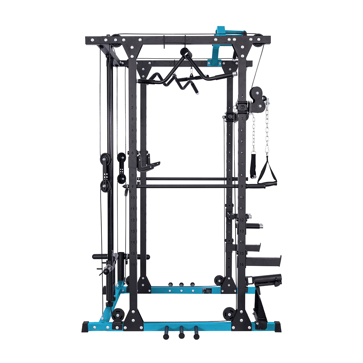 Jaula de potencia negra y azul con poleas de cable y barras para gimnasio.