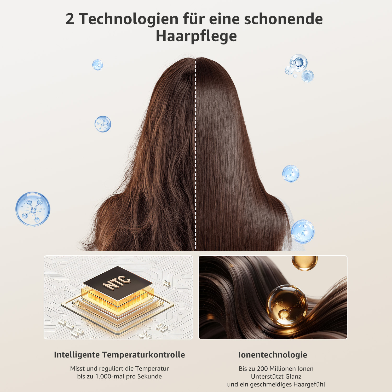 Zwei Technologien für schonende Haarpflege: Intelligente Temperaturkontrolle und Ionentechnologie.