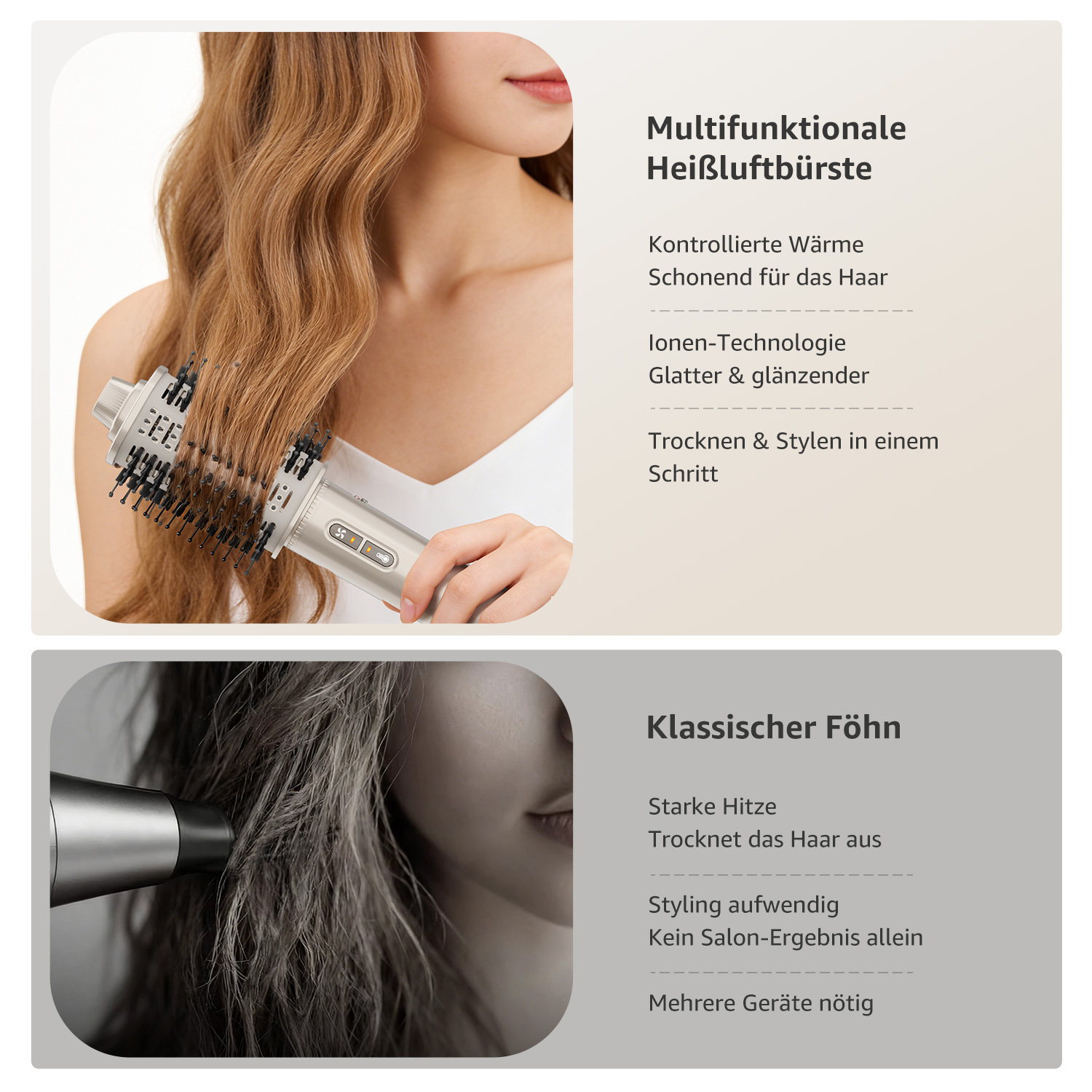 Eine Frau stylt ihr blondes Haar mit einer Multifunktions-Heißluftbürste.