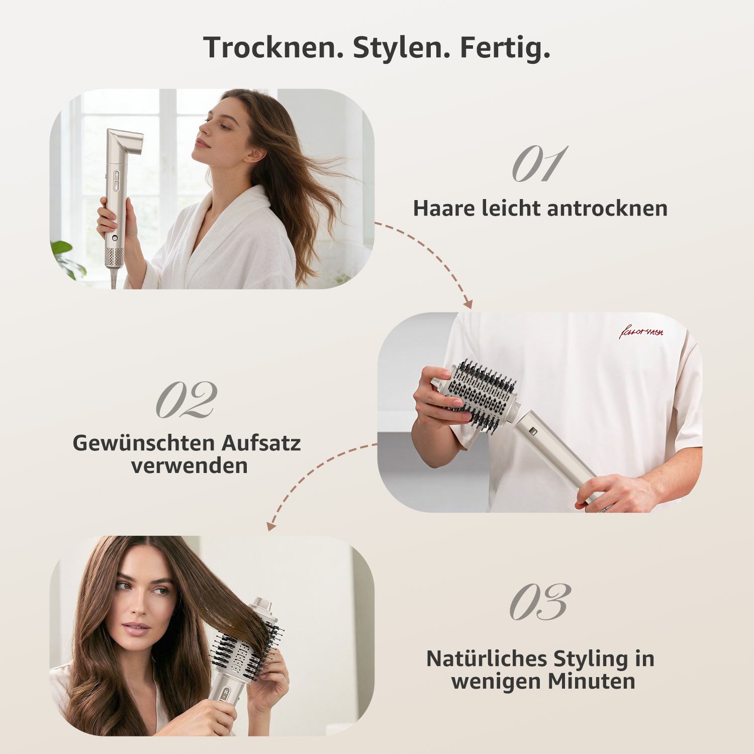 Frau trocknet Haare, wechselt Aufsätze und stylt sich.