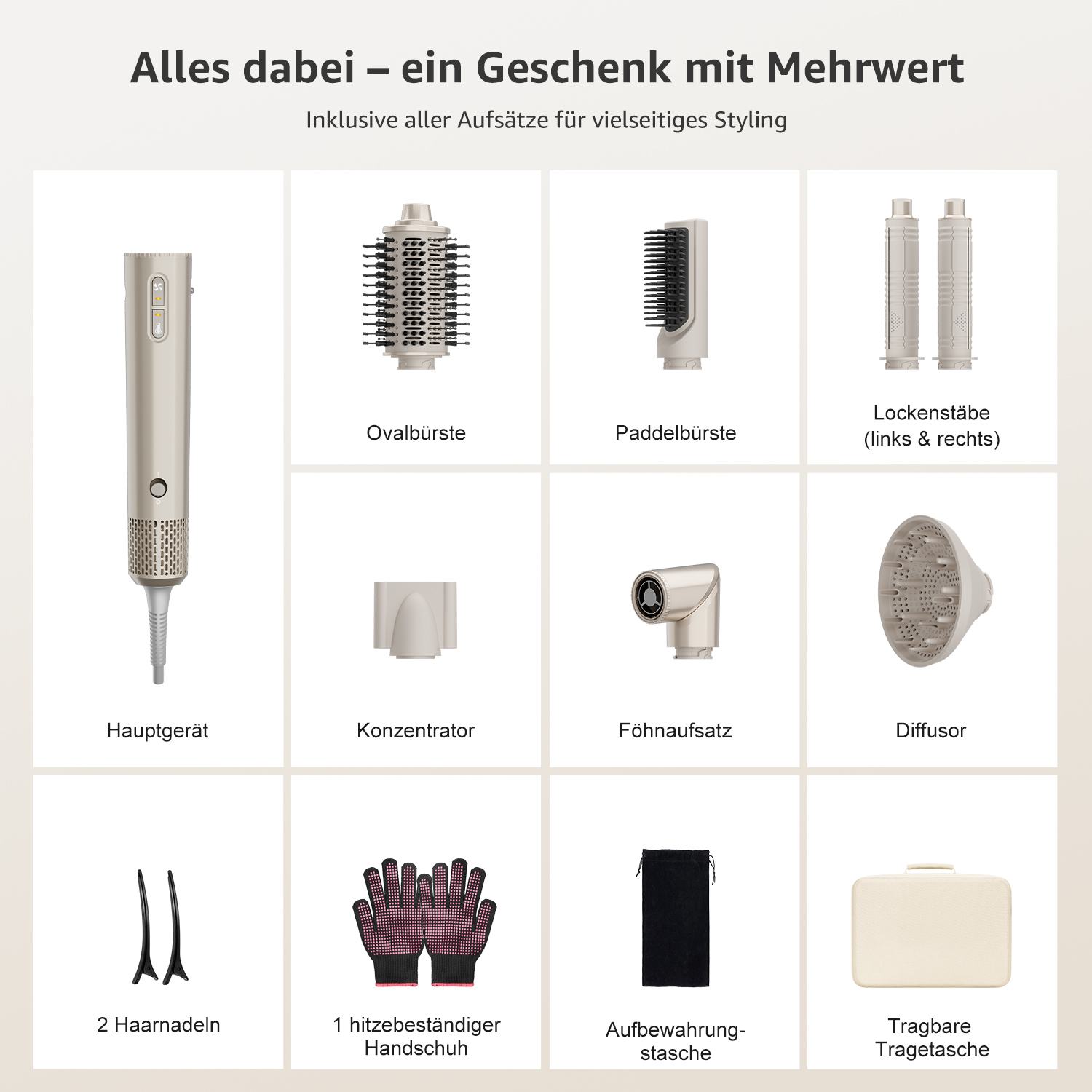 Übersicht aller Aufsätze für ein Haarstyling-Gerät: Hauptgerät, Bürsten, Lockenstäbe, Konzentrator, Diffusor, Zubehör.
