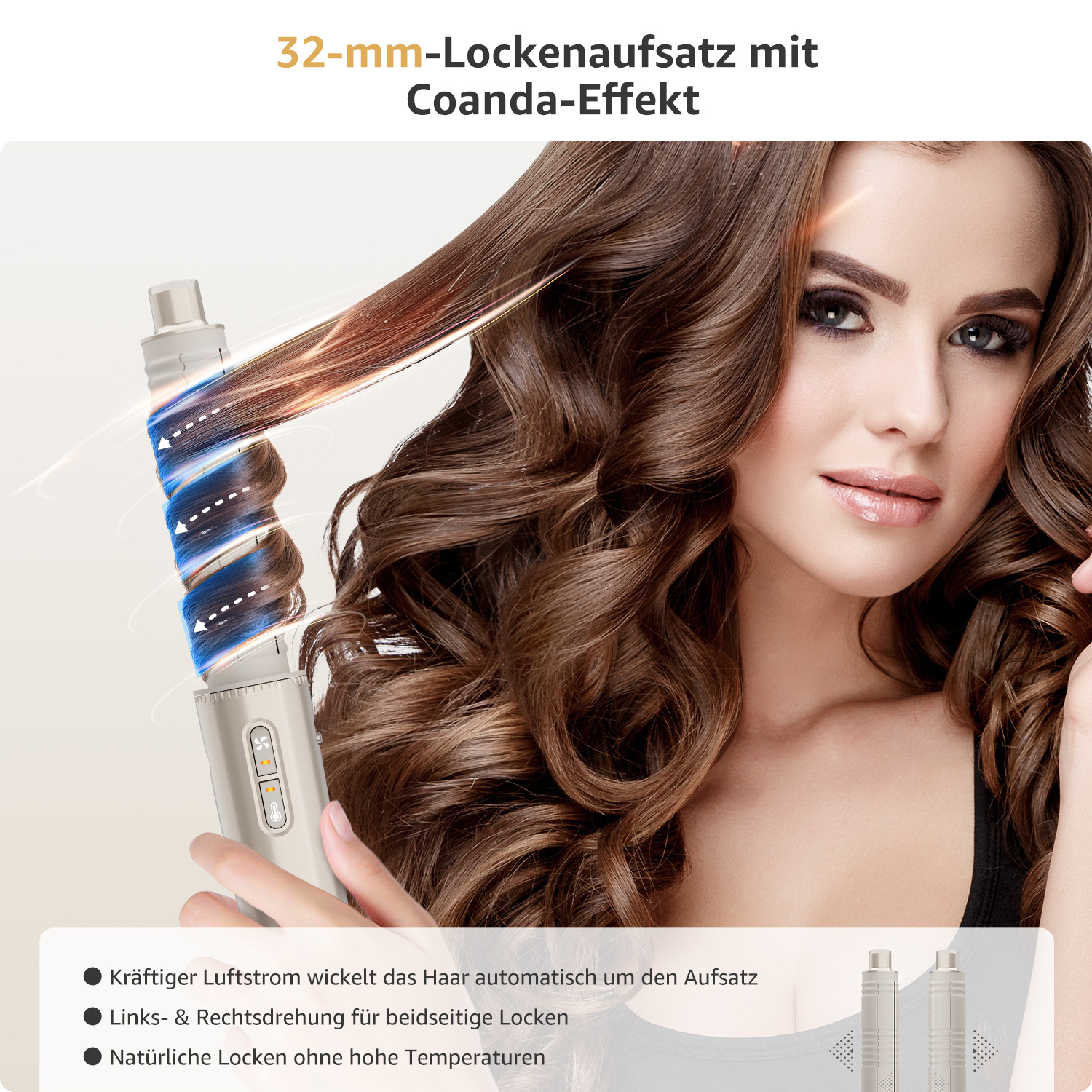 Frau mit vollem braunem Haar, das sich um einen Lockenaufsatz wickelt.