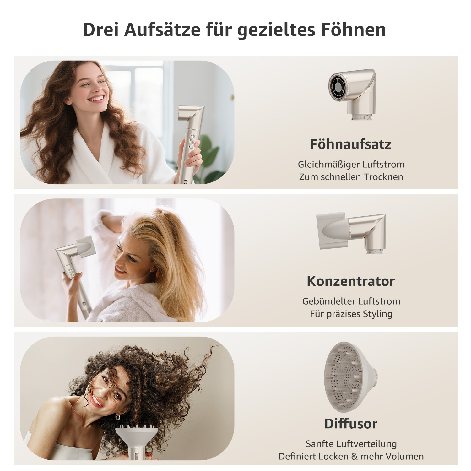 Drei Föhnaufsätze: Konzentrator, Diffusor und Bürste zum Stylen.