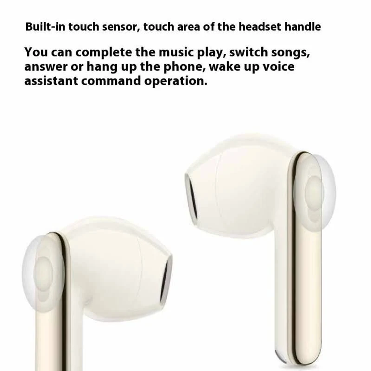 Se muestran dos auriculares inalámbricos blancos con detalles dorados sobre fondo blanco.