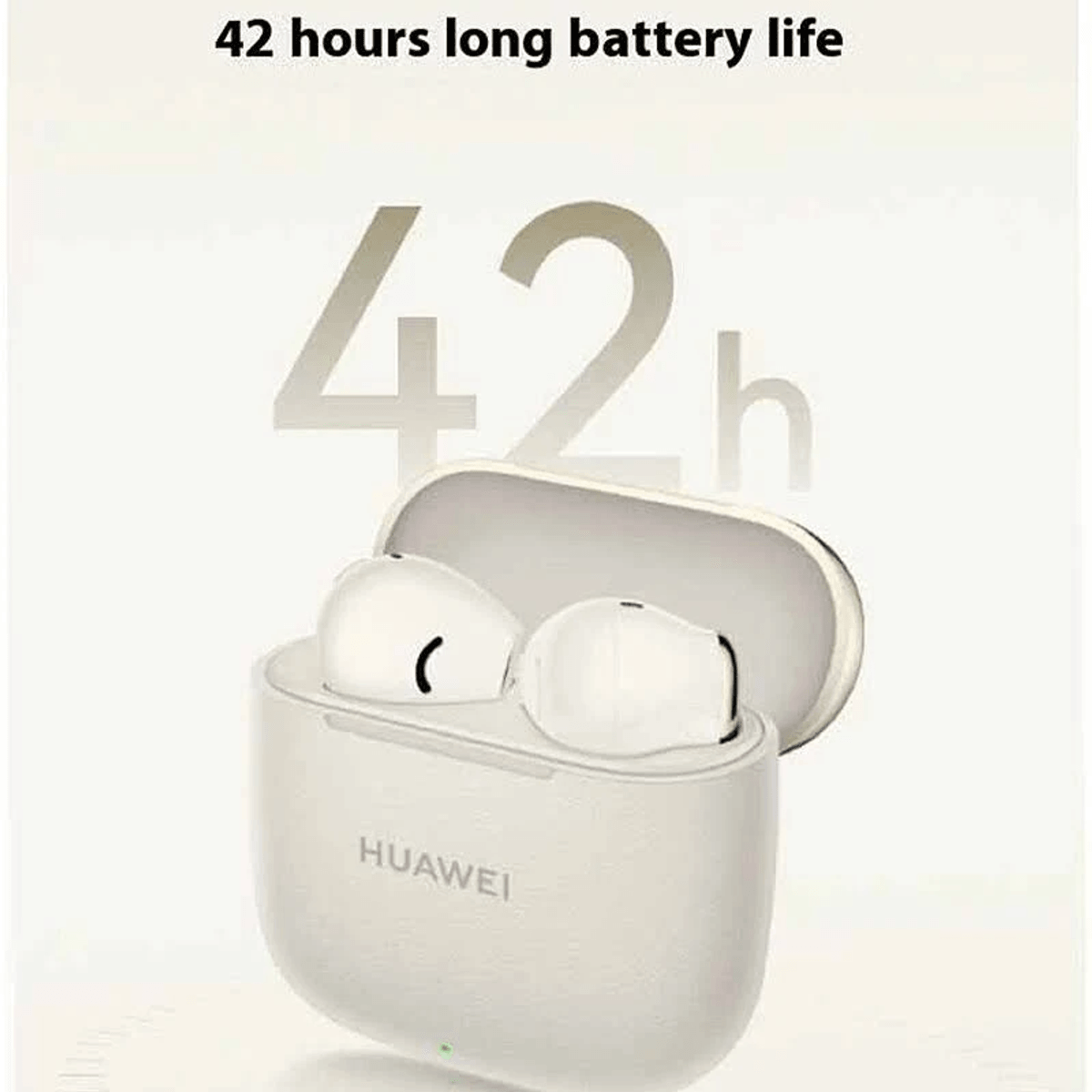 Auriculares Huawei blancos en un estuche de carga abierto, con texto '42h'.