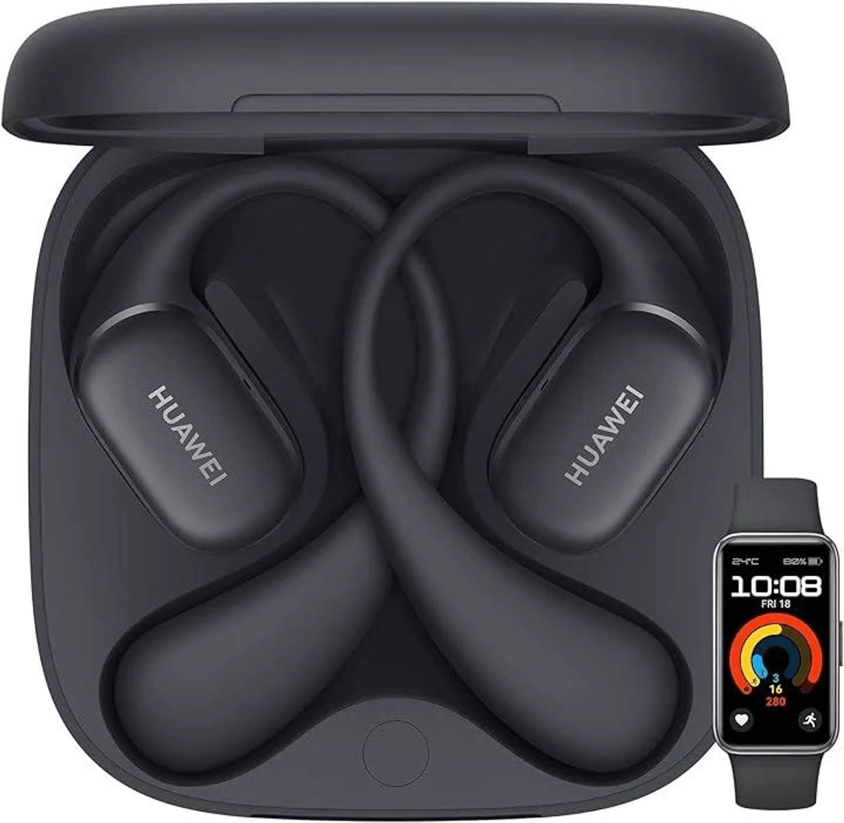 Auricolari Huawei grigio scuro in custodia accanto a uno smartwatch che mostra ora e dati fitness.