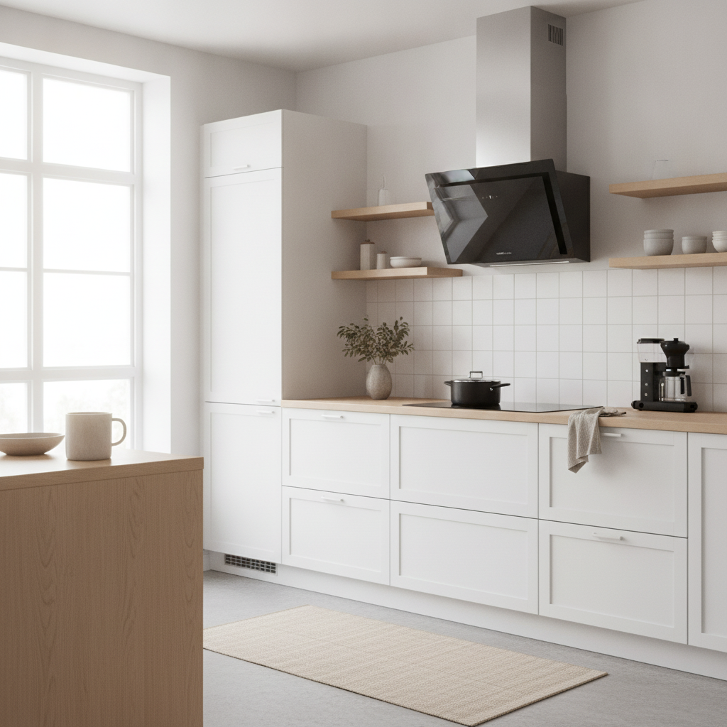 Moderna cocina blanca con isla, campana extractora, cafetera y olla en la estufa.