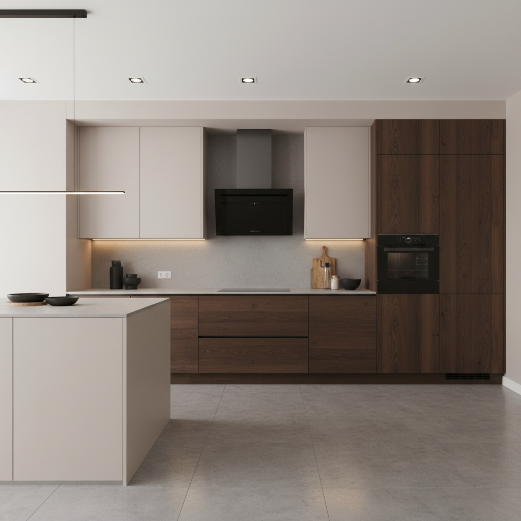Cocina moderna con gabinetes de madera, isla blanca, estufa y campana negras.