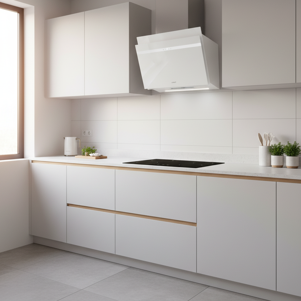 Moderna cocina blanca con placa de inducción y campana extractora.
