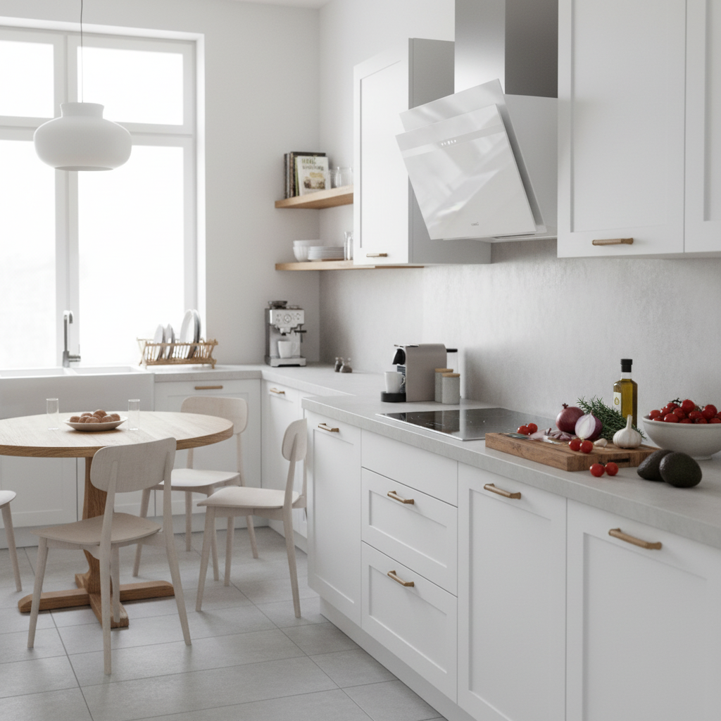 Una cocina blanca, moderna y luminosa con mesa y sillas de madera.