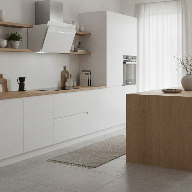 Moderna cocina blanca con encimera de madera, estufa, campana y estantes.