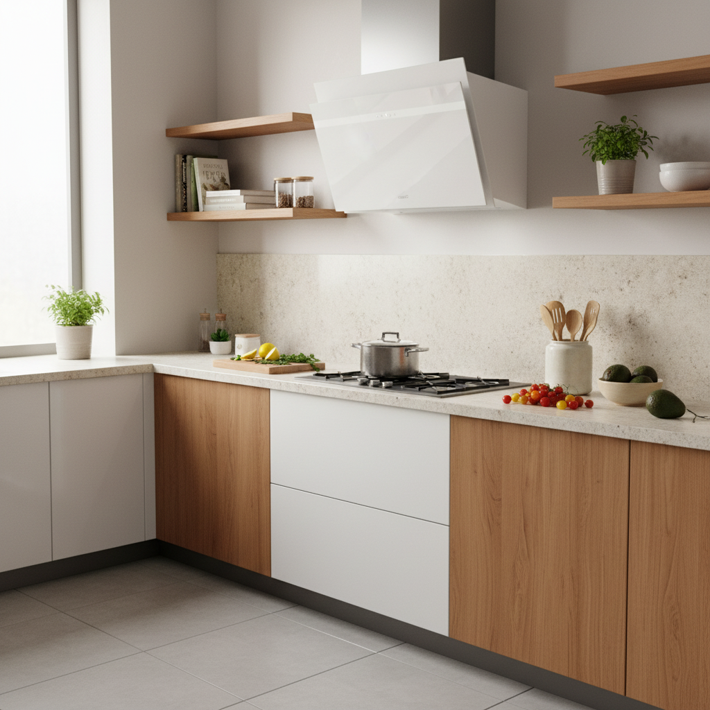 Cocina moderna con muebles bajos de madera, campana blanca, estufa con olla.
