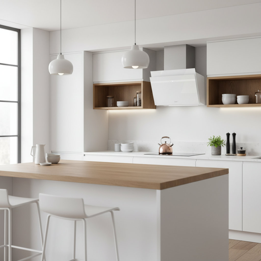 Cocina blanca moderna con detalles en madera, isla, taburetes y tetera de cobre.