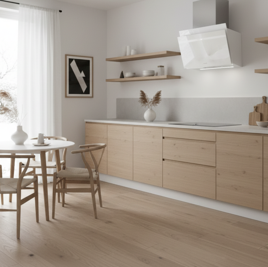 Una cocina luminosa con gabinetes de madera, mesa redonda y sillas.