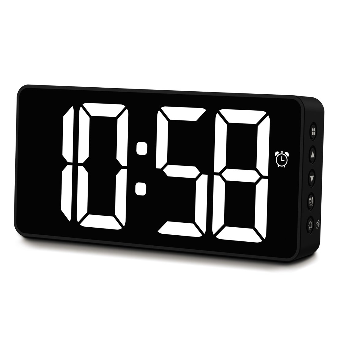Reloj digital mostrando 10:58 con dígitos blancos sobre fondo negro.