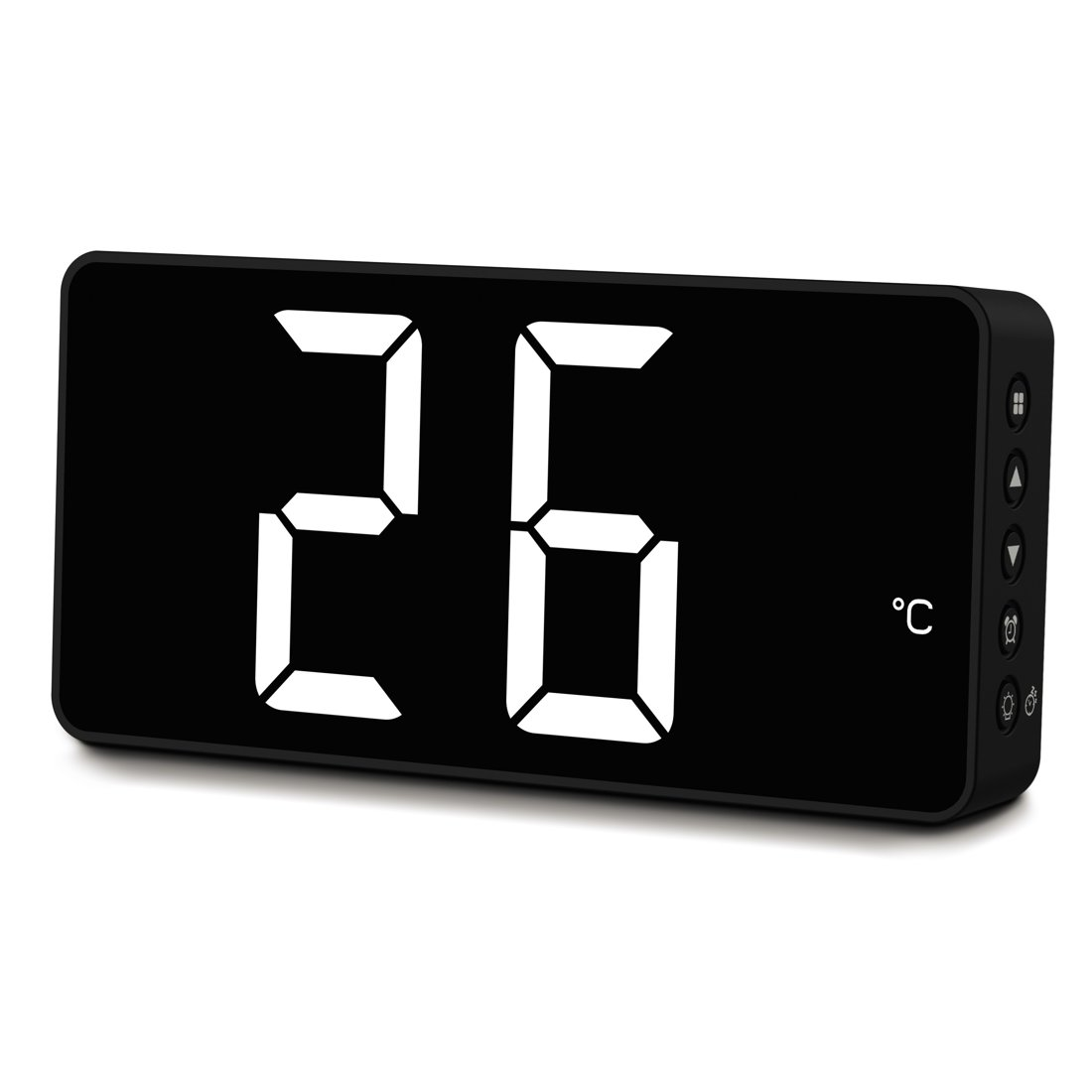 Un termómetro digital negro muestra 26 grados Celsius.