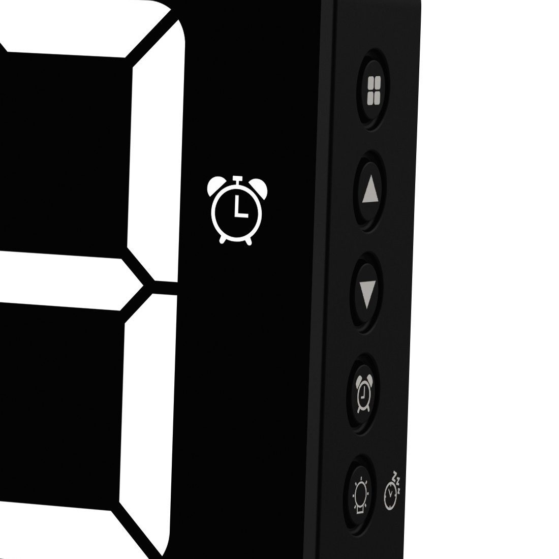 Parte de una pantalla digital negra con icono de despertador y botones.