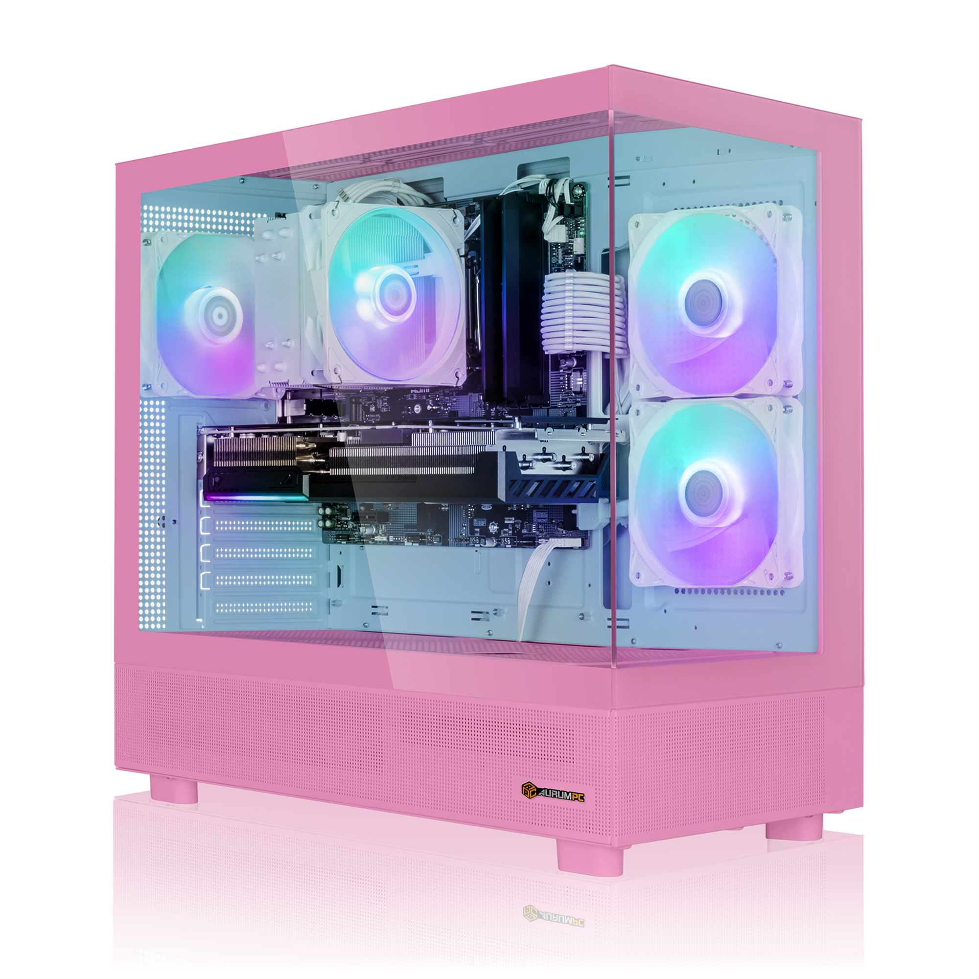 Ein rosa PC-Gehäuse mit RGB-Lüftern, Motherboard und Grafikkarte.