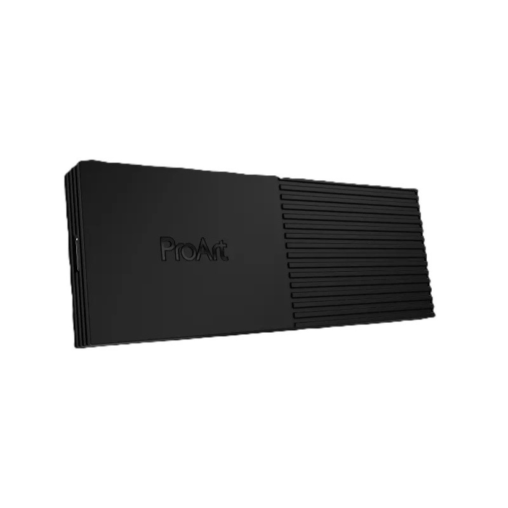 Czarny, płaski, elektroniczny sprzęt z prążkowaną powierzchnią i logo ProArt.