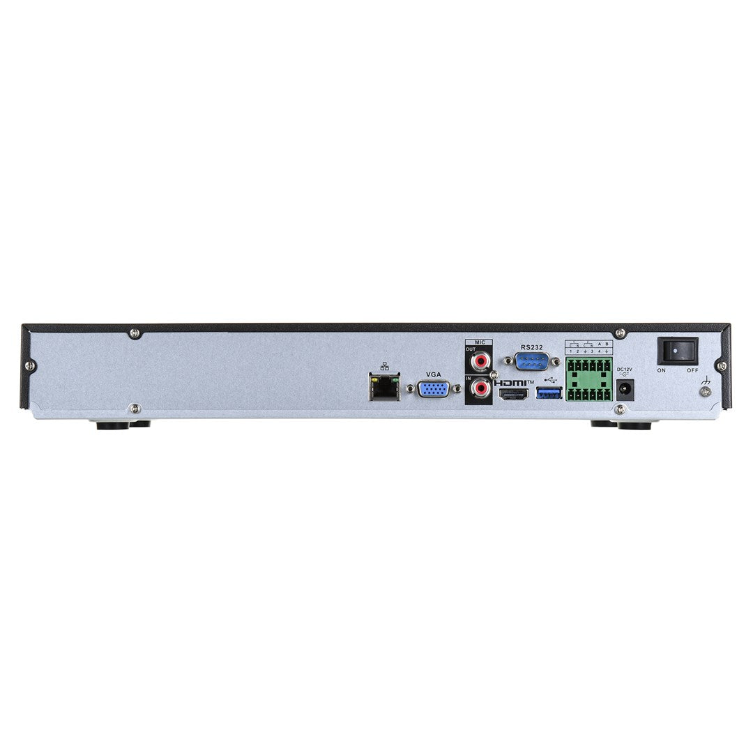Retro di un dispositivo con porte: Ethernet, VGA, HDMI, RS232, 12V CC e interruttore.